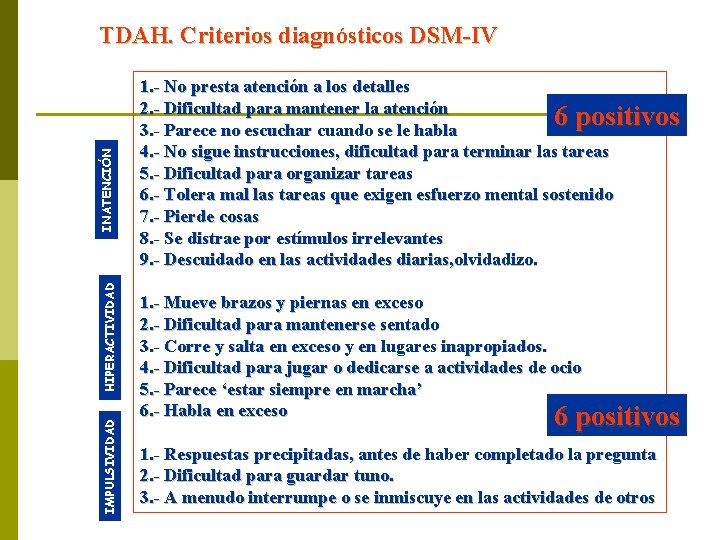 IMPULSIVIDAD HIPERACTIVIDAD INATENCIÓN TDAH. Criterios diagnósticos DSM-IV 1. - No presta atención a los