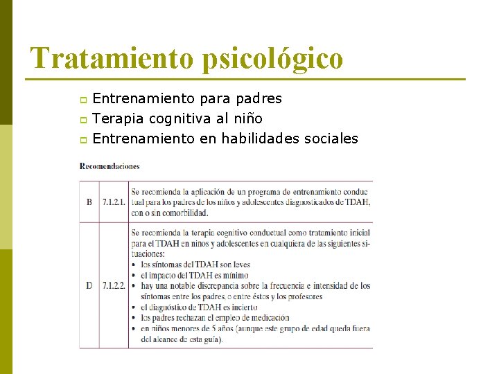 Tratamiento psicológico Entrenamiento para padres p Terapia cognitiva al niño p Entrenamiento en habilidades