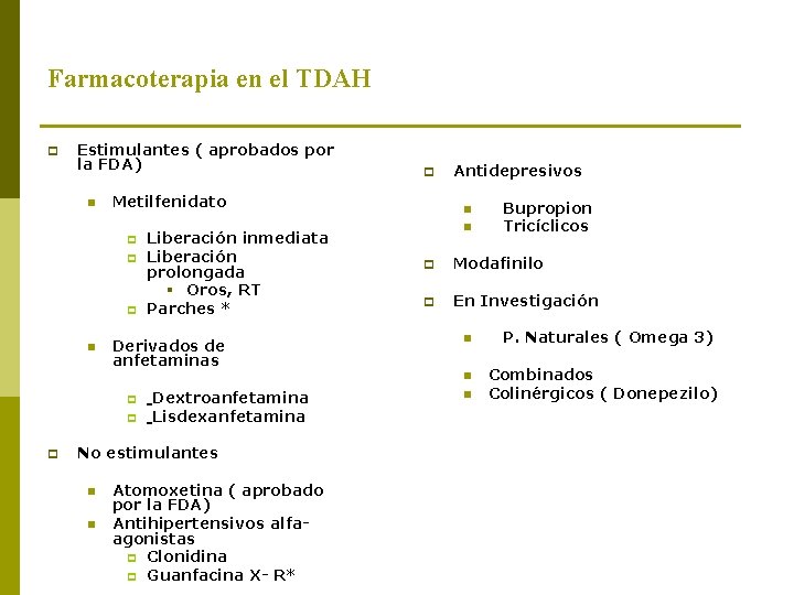 Farmacoterapia en el TDAH p Estimulantes ( aprobados por la FDA) n Metilfenidato p