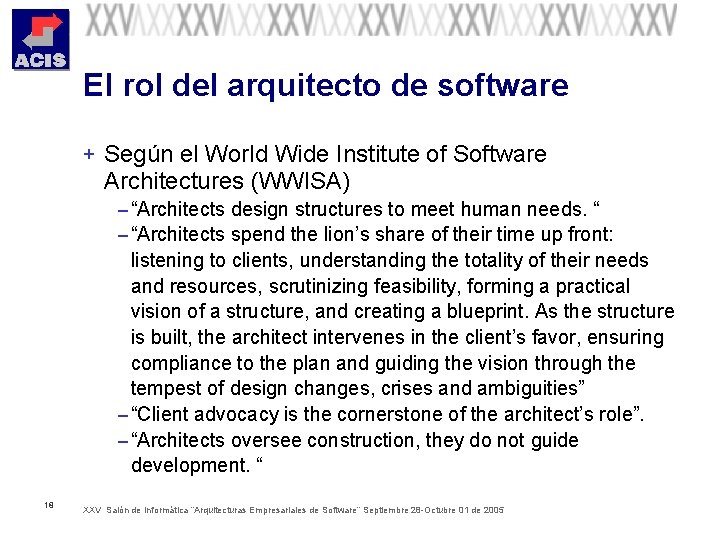 El rol del arquitecto de software + Según el World Wide Institute of Software