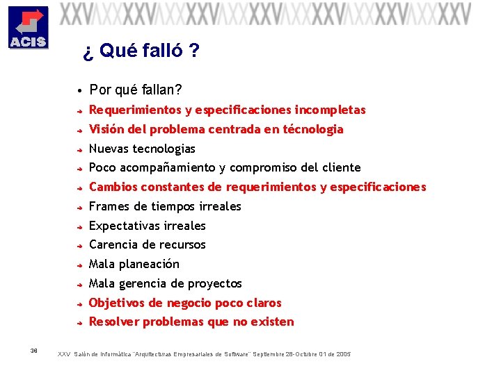 ¿ Qué falló ? • Por qué fallan? ➔ Requerimientos y especificaciones incompletas ➔