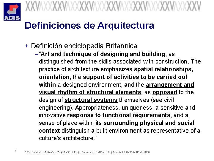 Definiciones de Arquitectura + Definición enciclopedia Britannica – “Art and technique of designing and