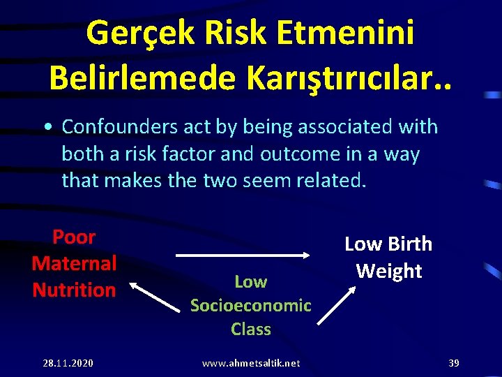 Gerçek Risk Etmenini Belirlemede Karıştırıcılar. . • Confounders act by being associated with both