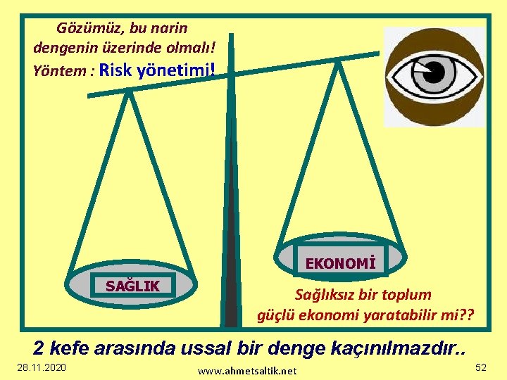 Gözümüz, bu narin dengenin üzerinde olmalı! Yöntem : Risk yönetimi! EKONOMİ SAĞLIK Sağlıksız bir