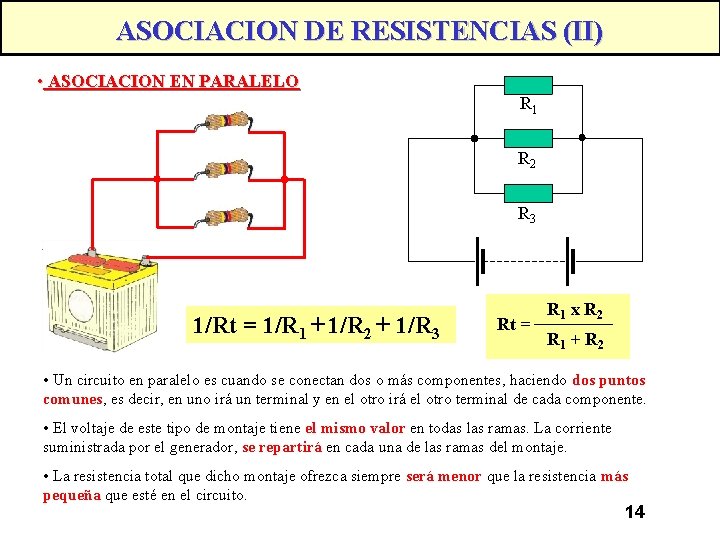 ASOCIACION DE RESISTENCIAS (II) • ASOCIACION EN PARALELO R 1 R 2 R 3