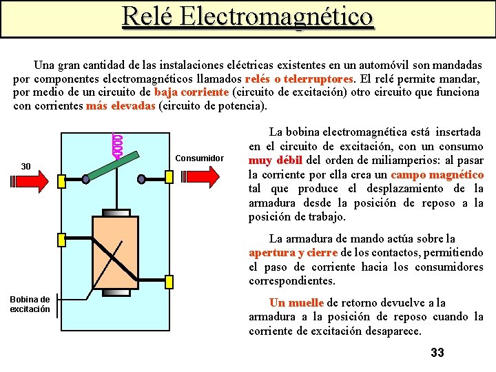 Relé Electromagnético Una gran cantidad de las instalaciones eléctricas existentes en un automóvil son