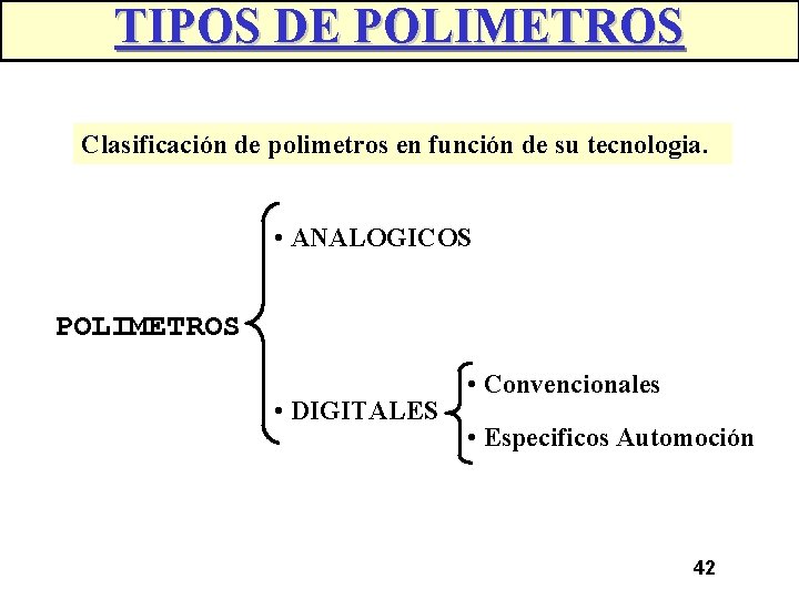 TIPOS DE POLIMETROS Clasificación de polimetros en función de su tecnologia. • ANALOGICOS POLIMETROS