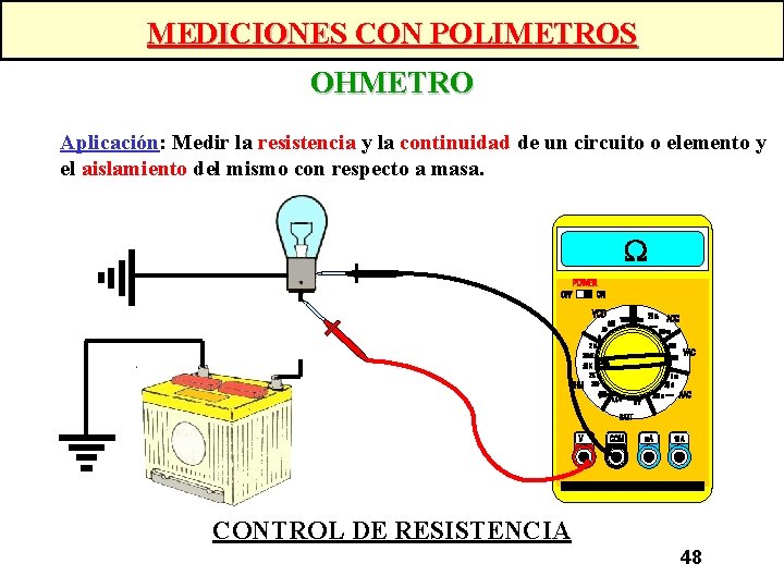 MEDICIONES CON POLIMETROS OHMETRO Aplicación: Medir la resistencia y la continuidad de un circuito