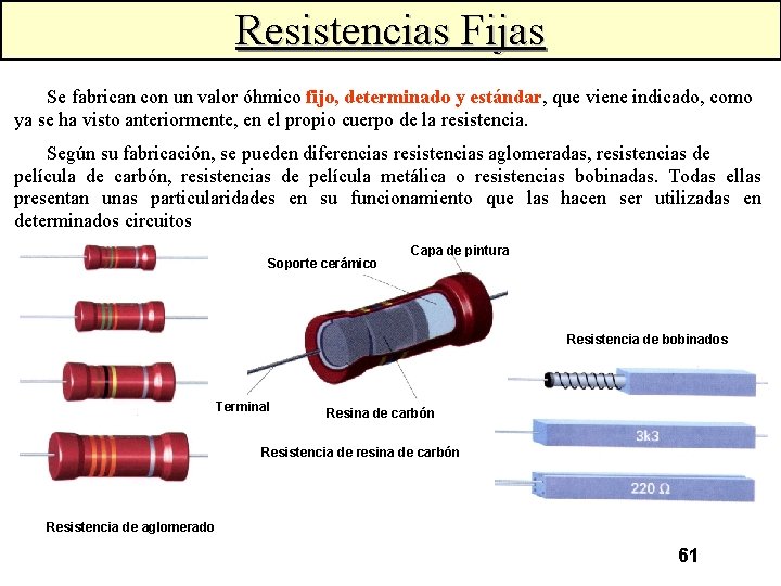 Resistencias Fijas Se fabrican con un valor óhmico fijo, determinado y estándar, que viene