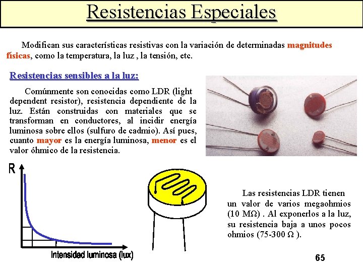 Resistencias Especiales Modifican sus características resistivas con la variación de determinadas magnitudes físicas, como