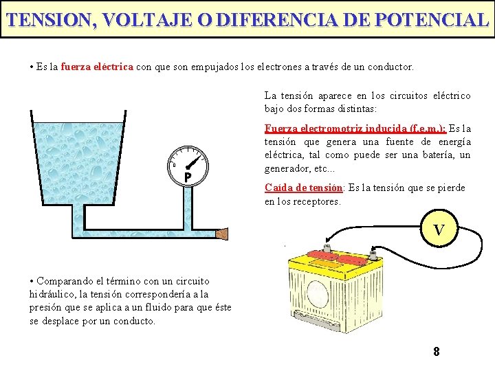 TENSION, VOLTAJE O DIFERENCIA DE POTENCIAL • Es la fuerza eléctrica con que son