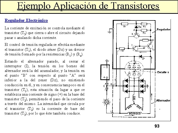 Ejemplo Aplicación de Transistores Regulador Electrónico La corriente de excitación se controla mediante el