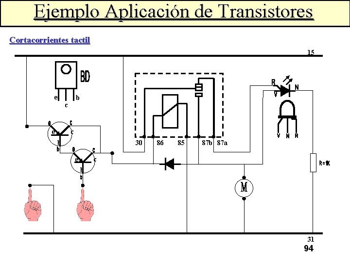 Ejemplo Aplicación de Transistores Cortacorrientes tactil 15 e b c e c b 30