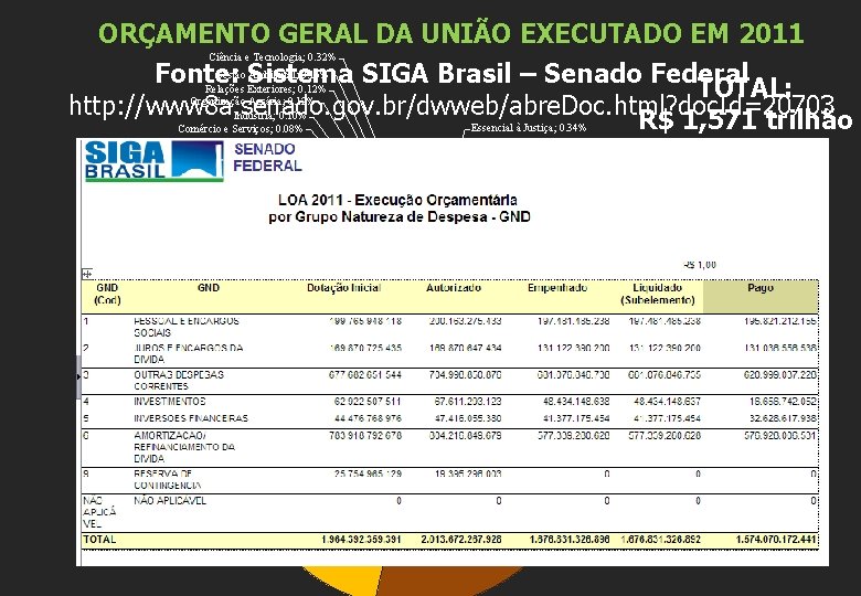 ORÇAMENTO GERAL DA UNIÃO EXECUTADO EM 2011 Ciência e Tecnologia; 0. 32% Gestão Ambiental;