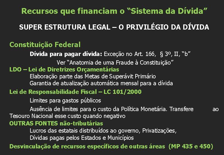 Recursos que financiam o “Sistema da Dívida” SUPER ESTRUTURA LEGAL – O PRIVILÉGIO DA