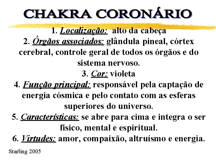 1. Localização: alto da cabeça 2. Órgãos associados: glândula pineal, córtex cerebral, controle geral