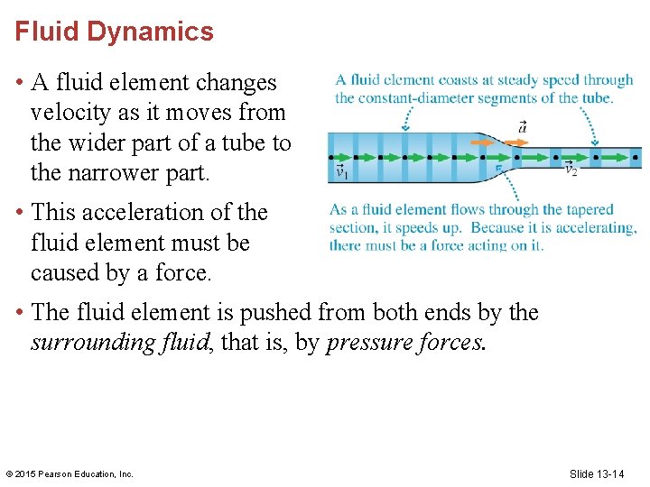 Fluid Dynamics • A fluid element changes velocity as it moves from the wider