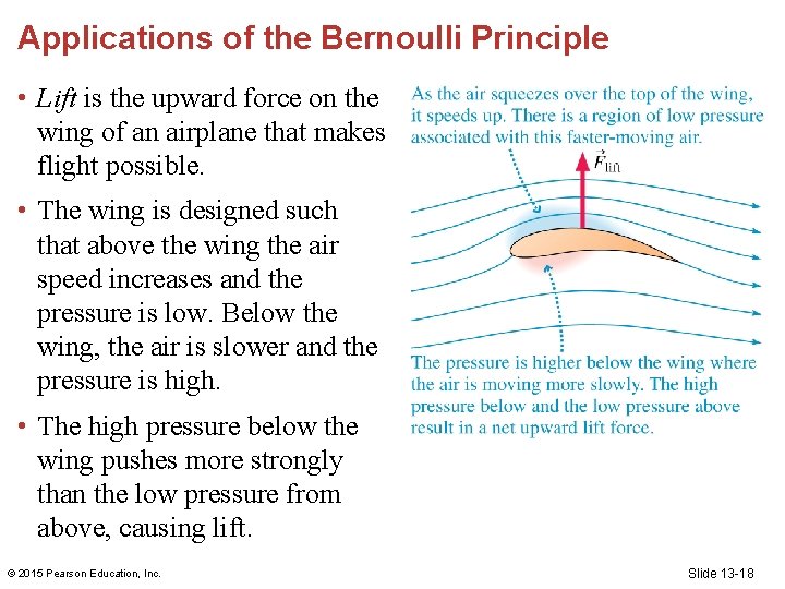 Applications of the Bernoulli Principle • Lift is the upward force on the wing