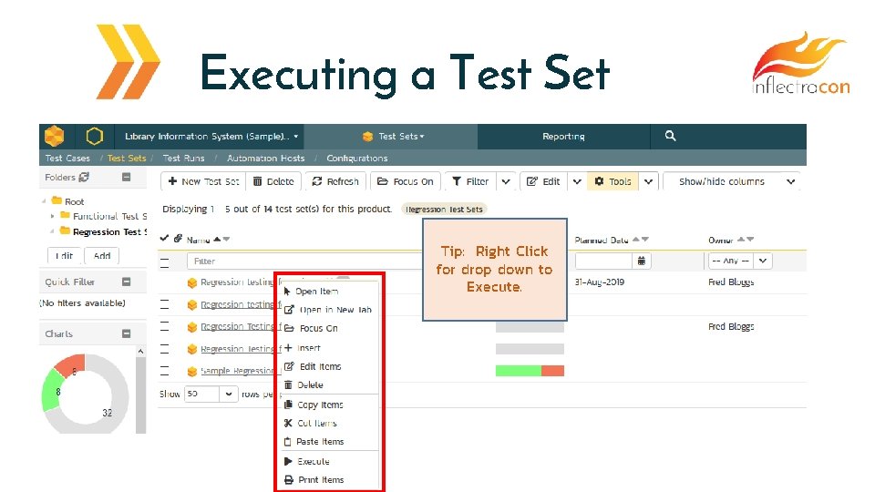 Executing a Test Set Tip: Right Click for drop down to Execute. 