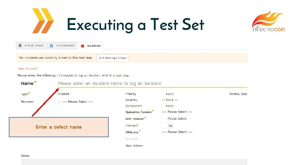 Executing a Test Set Enter a defect name Tip: Testers can record Actual Result.