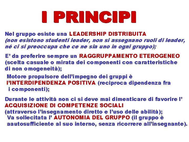 Nel gruppo esiste una LEADERSHIP DISTRIBUITA (non esistono studenti leader, non si assegnano ruoli