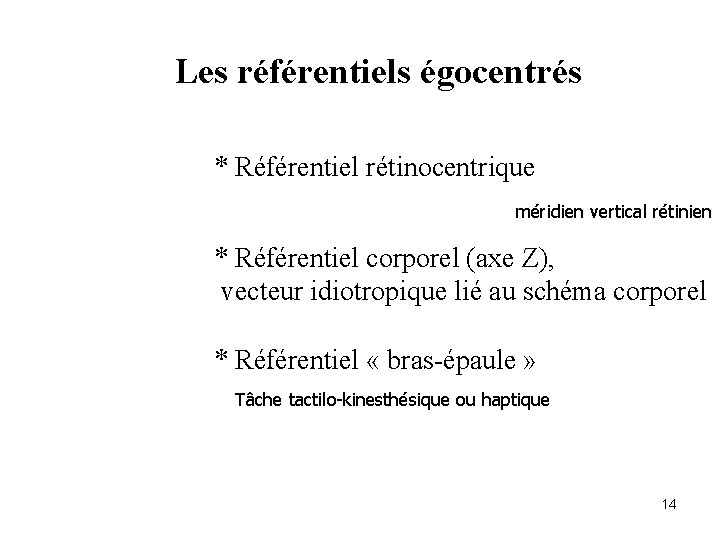 Les référentiels égocentrés * Référentiel rétinocentrique méridien vertical rétinien * Référentiel corporel (axe Z),