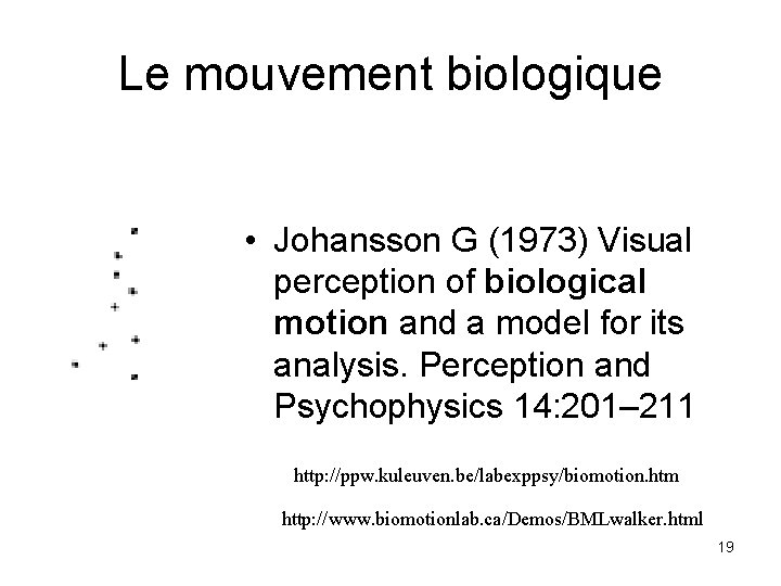 Le mouvement biologique • Johansson G (1973) Visual perception of biological motion and a