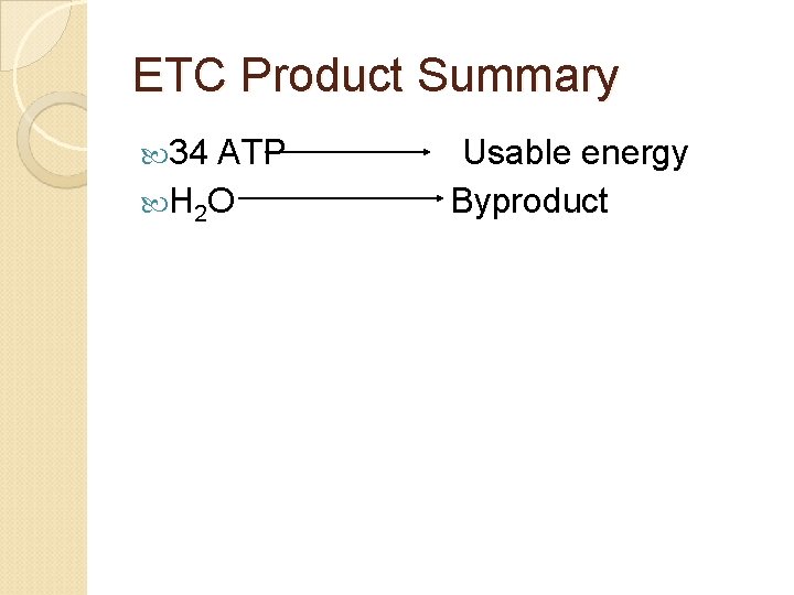 ETC Product Summary 34 ATP H 2 O Usable energy Byproduct 