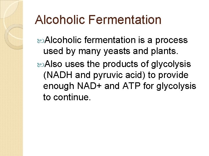 Alcoholic Fermentation Alcoholic fermentation is a process used by many yeasts and plants. Also