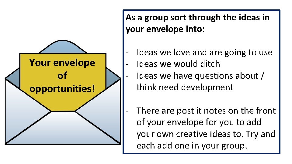 As a group sort through the ideas in your envelope into: Your envelope of