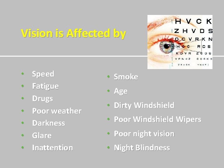 Vision is Affected by • • Speed Fatigue Drugs Poor weather Darkness Glare Inattention