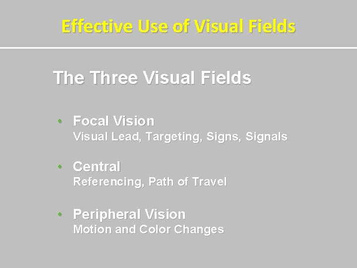 Effective Use of Visual Fields The Three Visual Fields • Focal Vision Visual Lead,