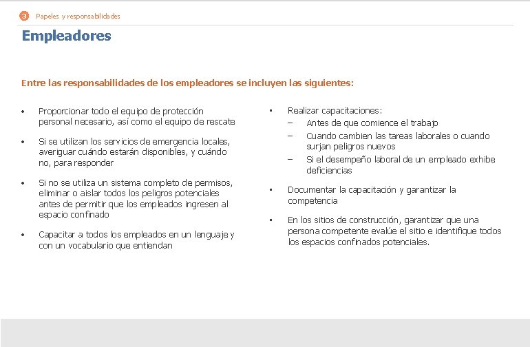 3 Papeles y responsabilidades Empleadores Entre las responsabilidades de los empleadores se incluyen las