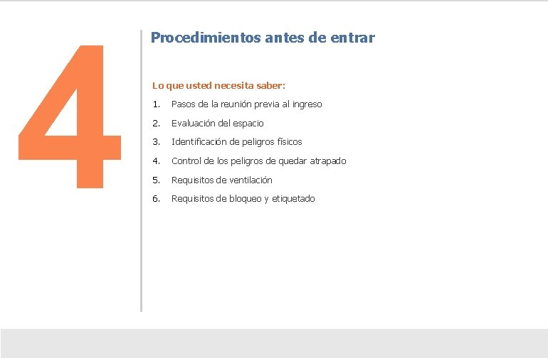 4 Procedimientos antes de entrar Lo que usted necesita saber: 1. Pasos de la