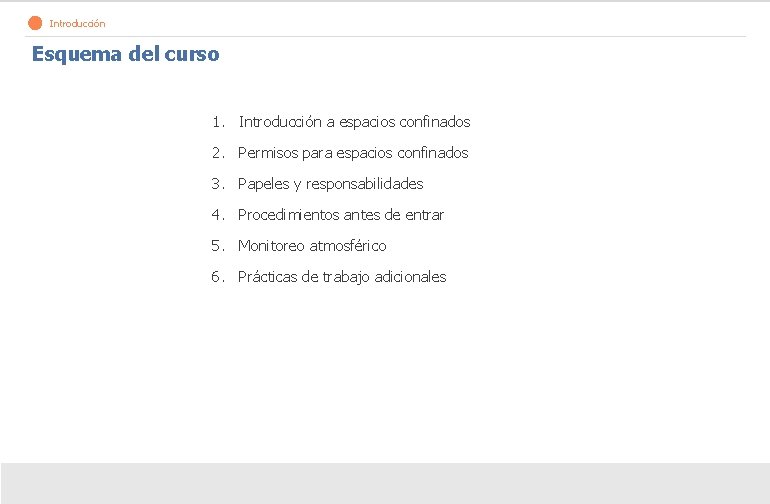 Introducción Esquema del curso 1. Introducción a espacios confinados 2. Permisos para espacios confinados