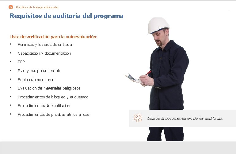 6 Prácticas de trabajo adicionales Requisitos de auditoría del programa Lista de verificación para