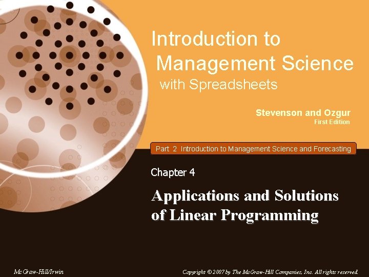 Introduction to Management Science with Spreadsheets Stevenson and Ozgur First Edition Part 2 Introduction