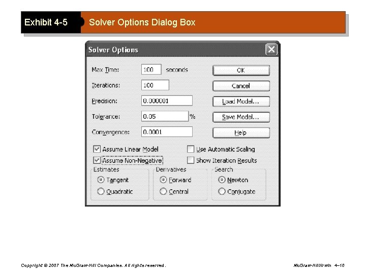 Exhibit 4 -5 Solver Options Dialog Box Copyright © 2007 The Mc. Graw-Hill Companies.