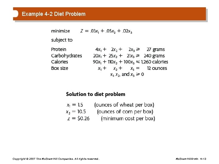 Example 4 -2 Diet Problem Copyright © 2007 The Mc. Graw-Hill Companies. All rights
