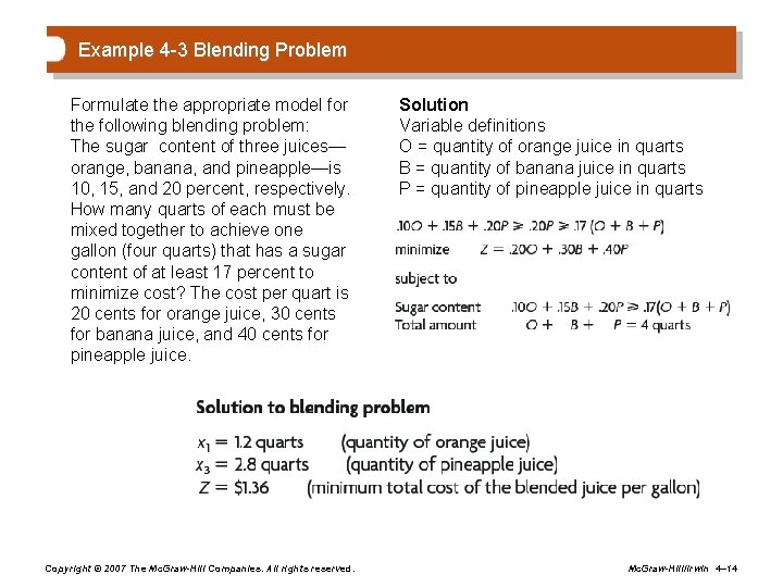 Example 4 -3 Blending Problem Formulate the appropriate model for the following blending problem: