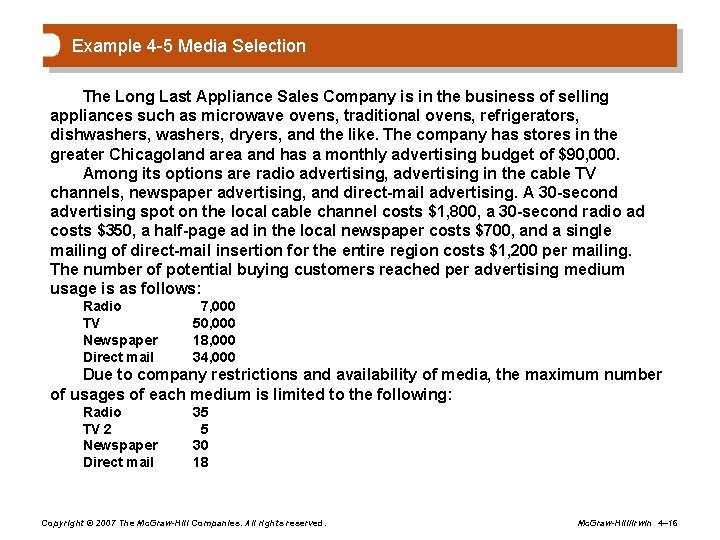 Example 4 -5 Media Selection The Long Last Appliance Sales Company is in the