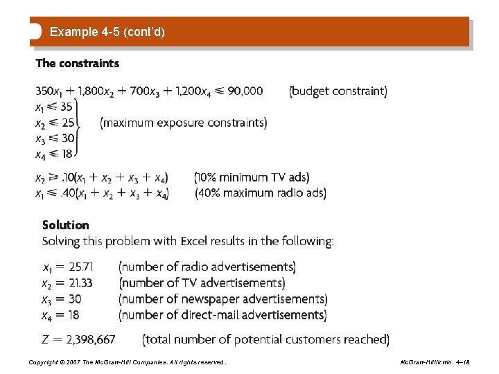 Example 4 -5 (cont’d) Copyright © 2007 The Mc. Graw-Hill Companies. All rights reserved.