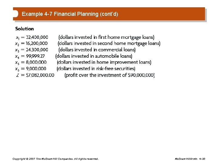 Example 4 -7 Financial Planning (cont’d) Copyright © 2007 The Mc. Graw-Hill Companies. All