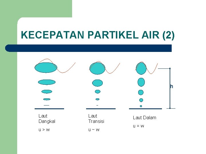 KECEPATAN PARTIKEL AIR (2) h Laut Dangkal Laut Transisi u>w u~w Laut Dalam u=w