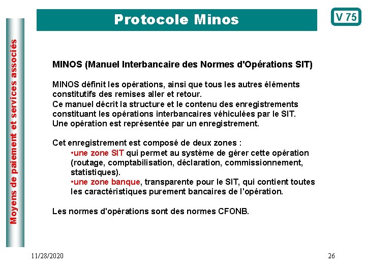 Moyens de paiement et services associés Protocole Minos V 75 MINOS (Manuel Interbancaire des