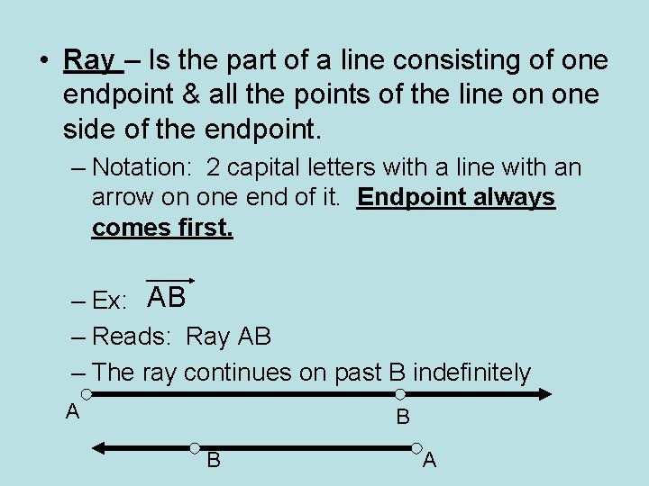  • Ray – Is the part of a line consisting of one endpoint