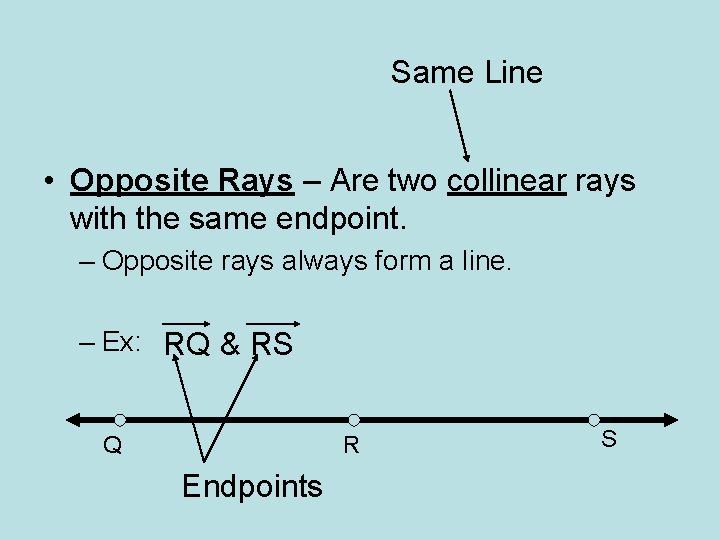 Same Line • Opposite Rays – Are two collinear rays with the same endpoint.