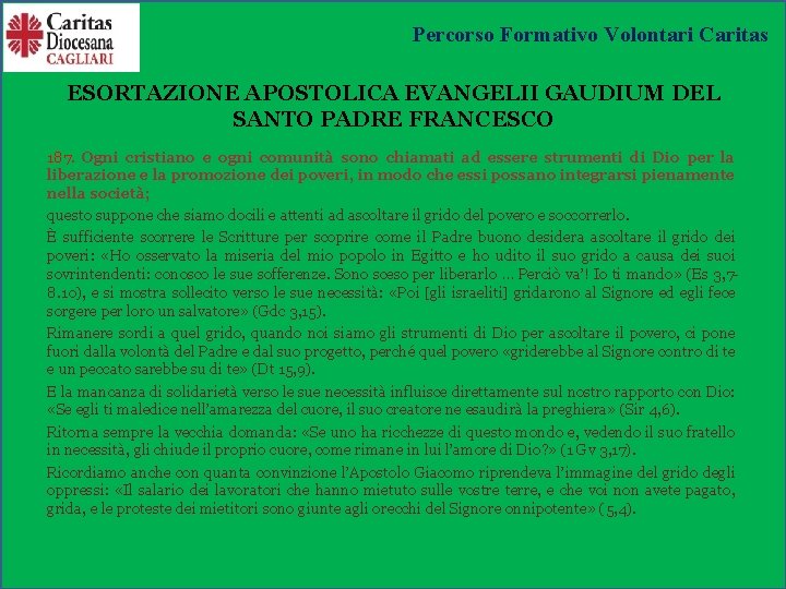 Percorso Formativo Volontari Caritas ESORTAZIONE APOSTOLICA EVANGELII GAUDIUM DEL SANTO PADRE FRANCESCO 187. Ogni