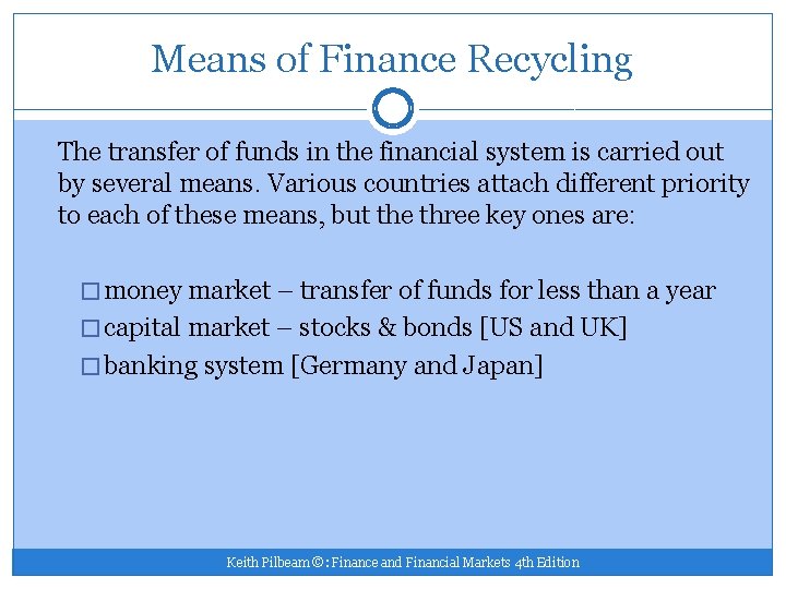 Means of Finance Recycling The transfer of funds in the financial system is carried