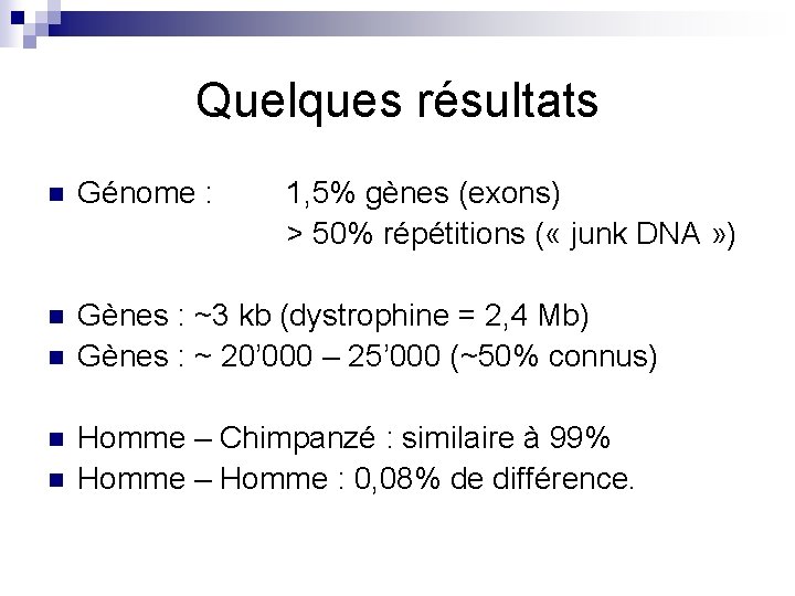 Quelques résultats n Génome : n Gènes : ~3 kb (dystrophine = 2, 4
